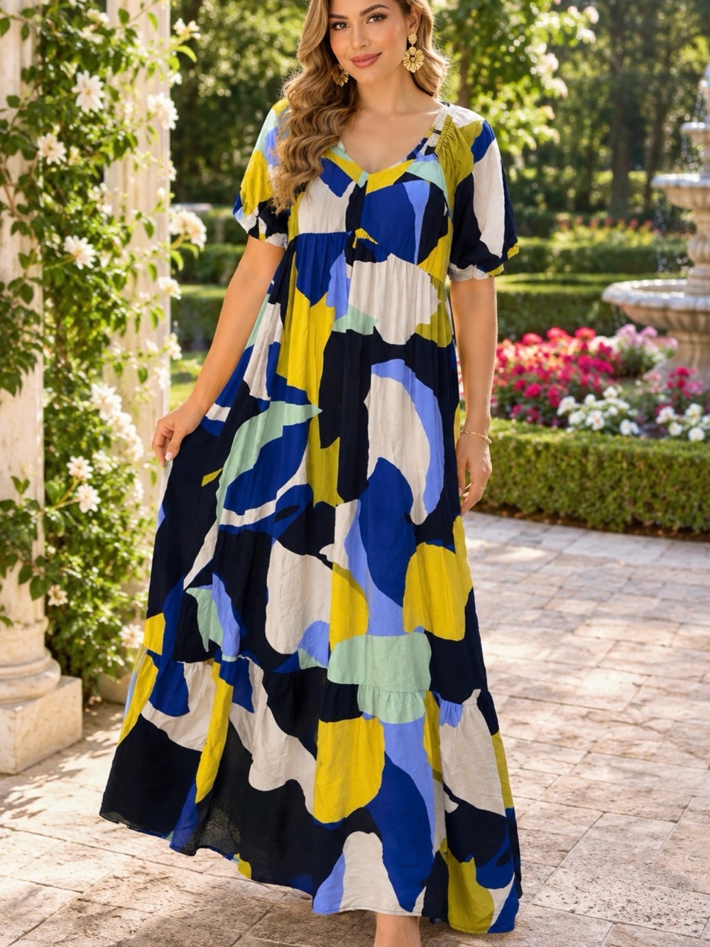 Nine West Abstract Colorblock Maxi Dress in Blue, Mustard & Black